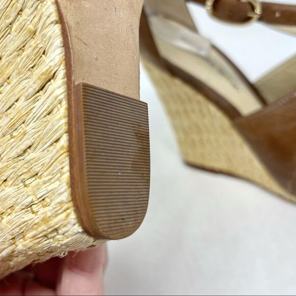 Alexandre Birman Brown Leather Raffia Wedge Sandals Size 38.5 - Picture 7 of 11